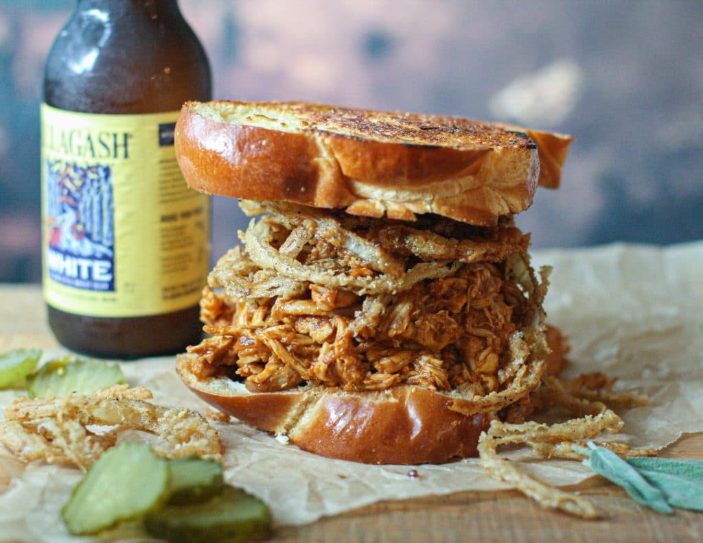 Hot Honey BBQ Chicken Sandwiches with Crispy Onion Strings