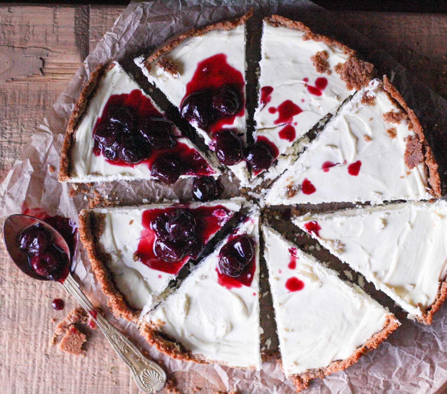 Goat Cheese Cheesecake w/ Dark Cherry Syrup creamy, rich and tangy