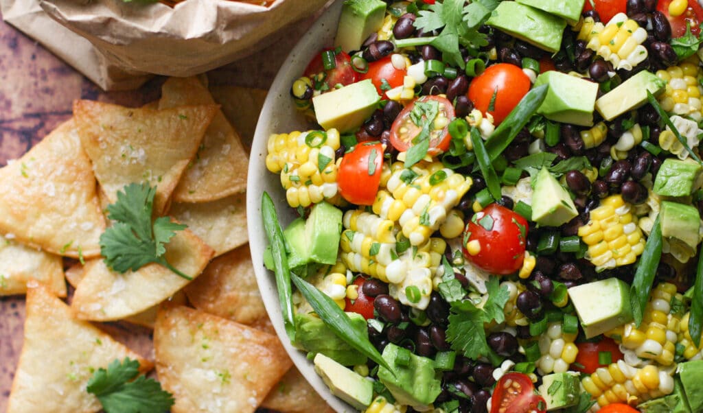 Black Bean & Corn Salad w/ Homemade Tortilla Chips
