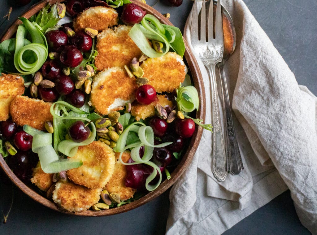 Fried Goat Cheese & Cherry Salad with Roasted Shallot Vinaigrette
