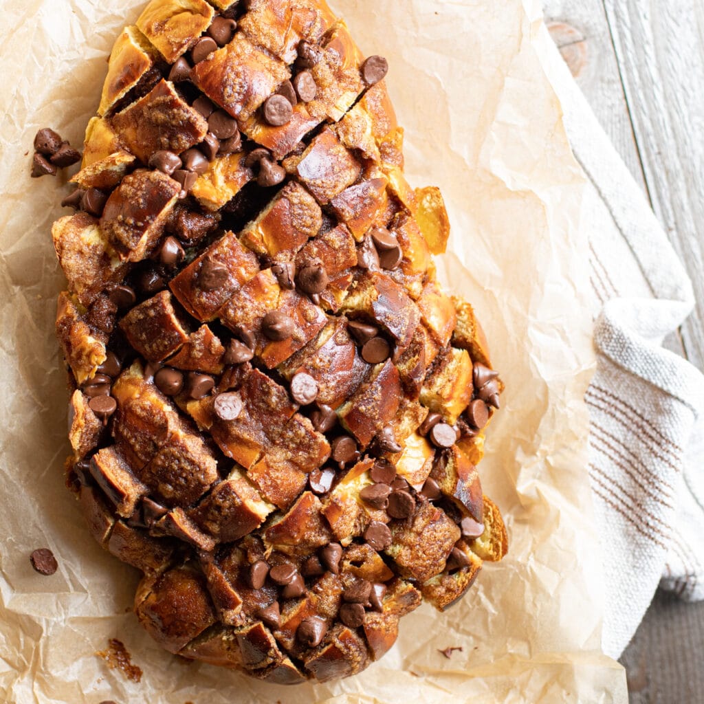 Top down view of a loaf of Chocolate Cinnamon Pull Apart Bread