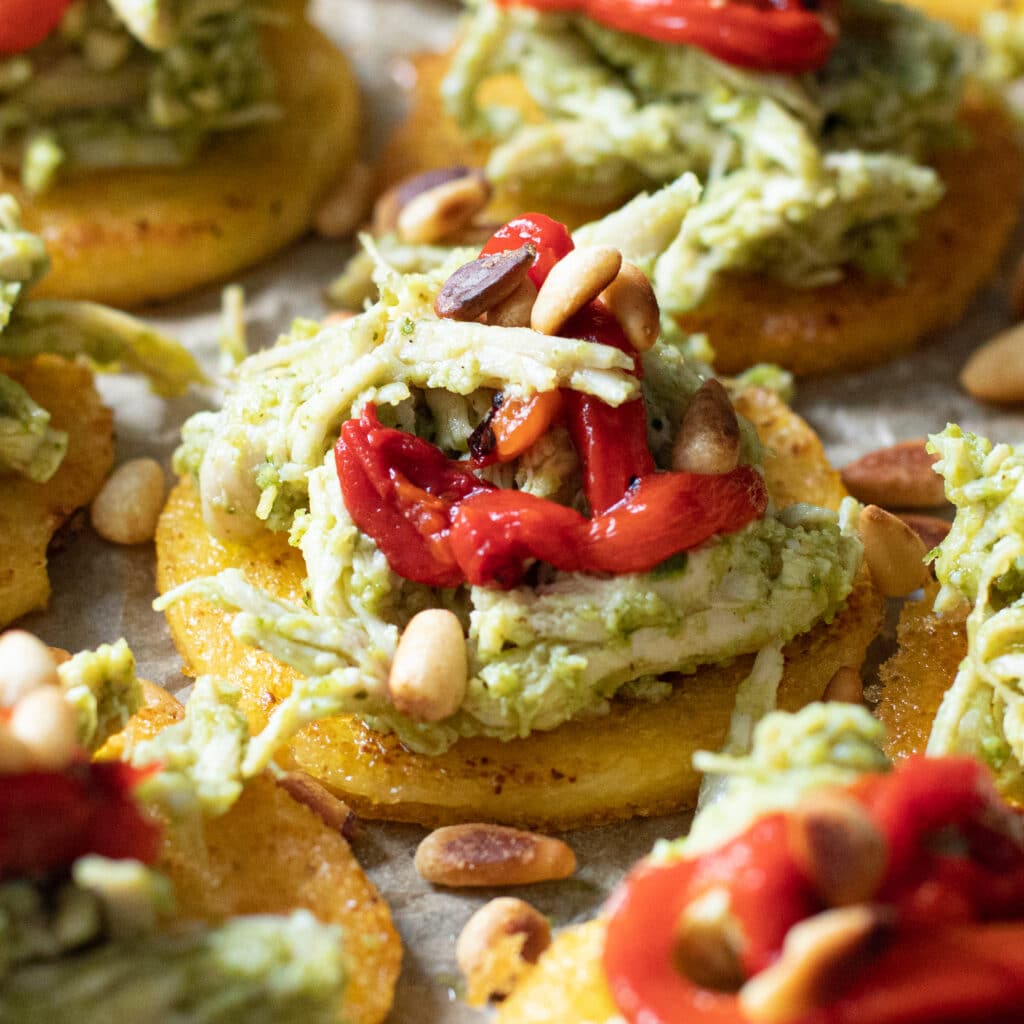 Polenta Rounds with Pesto Chicken & Roasted Red Peppers