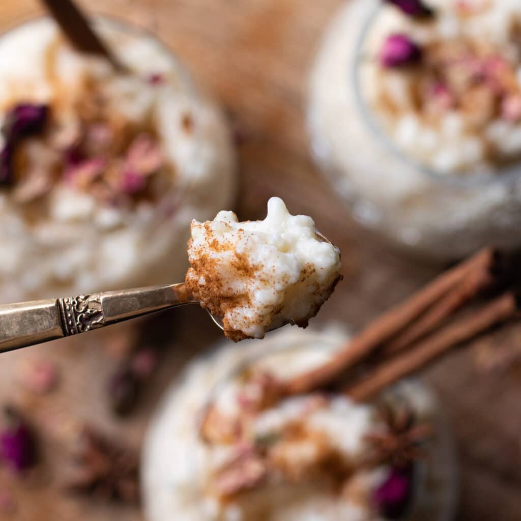 Stovetop Rice Pudding on a gold spoon