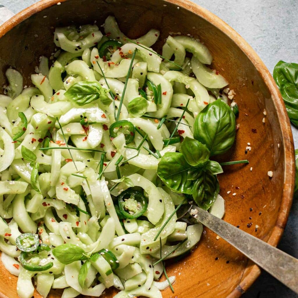 Spicy Asian Cucumber Salad in a wooden bowl