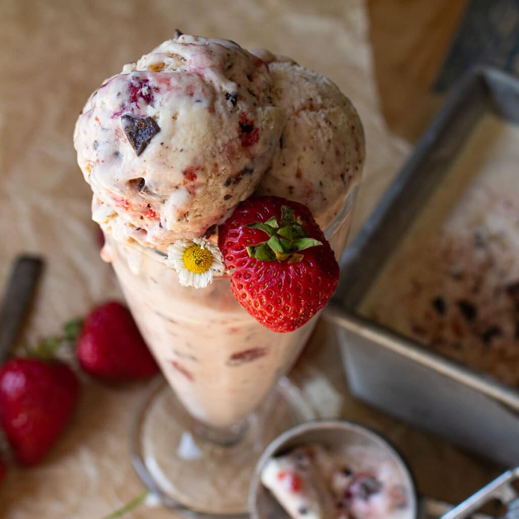 Close up of Strawberry Chocolate Ice Cream, garnished with fresh strawberries