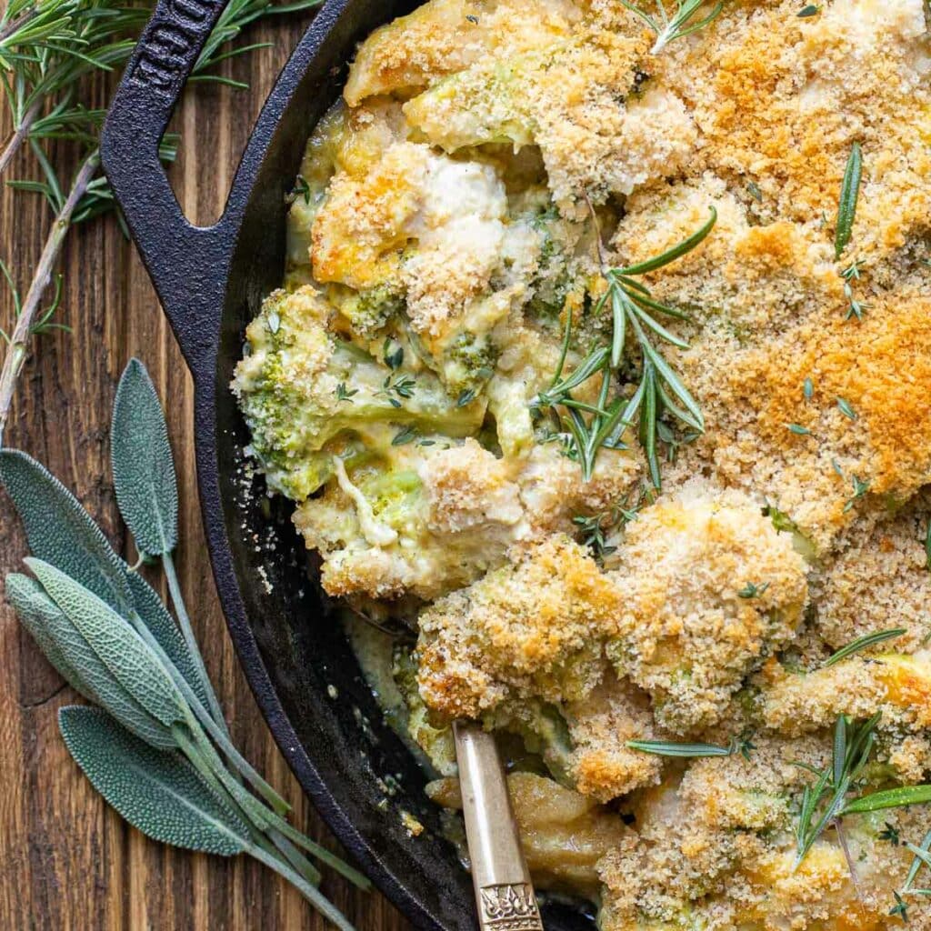Close up view of chicken and broccoli casserole with cheddar cheese