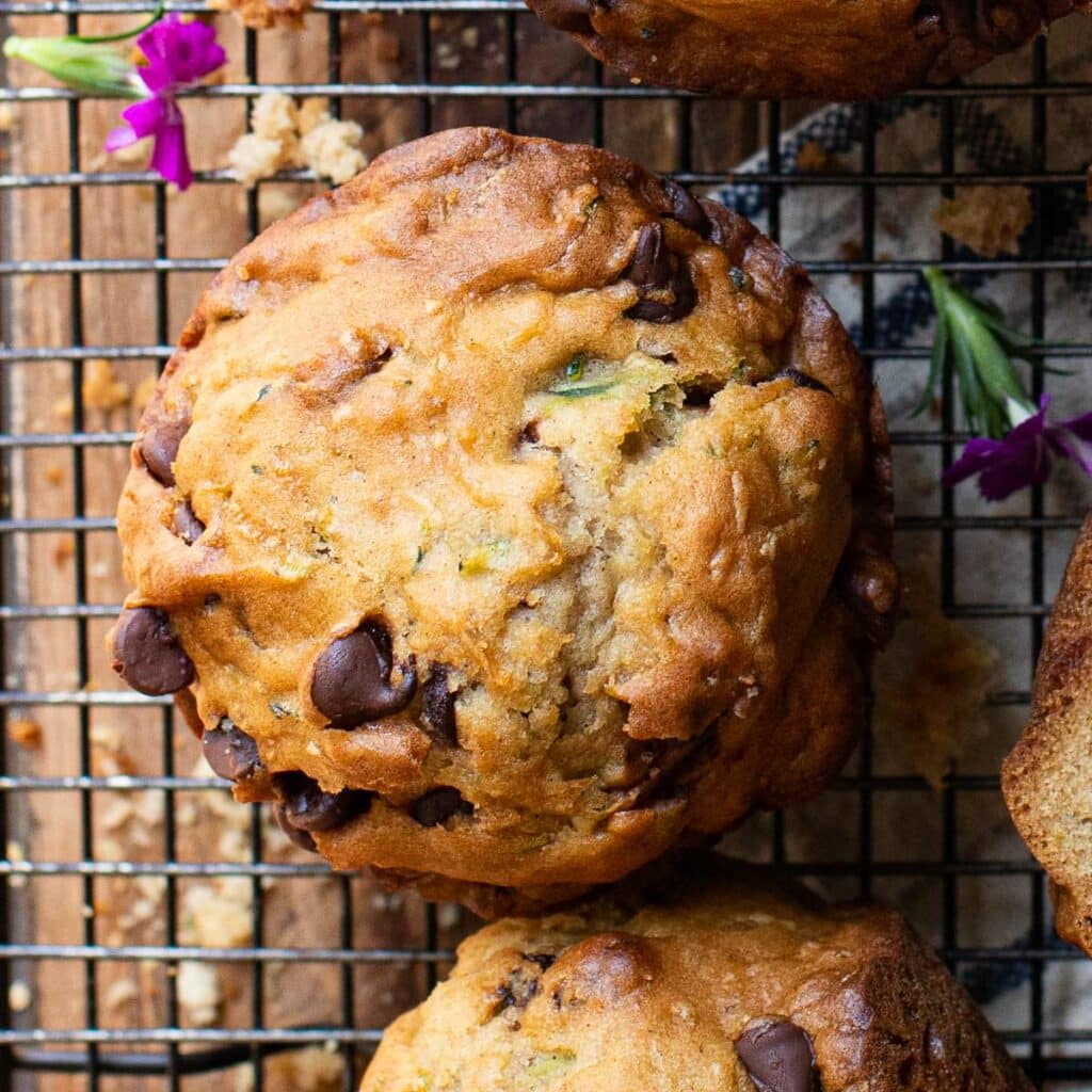 top view of a chocolate chip zucchini muffin