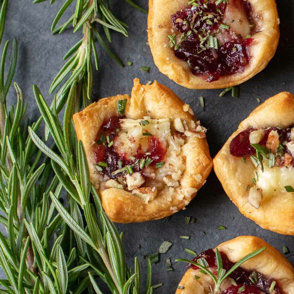brie and cranberry tartlet garnished with sprigs of rosemary