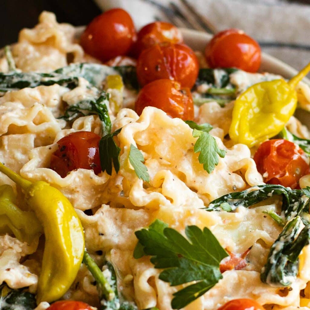Close up view of pasta with feta cheese, fresh parsley and tomatoes