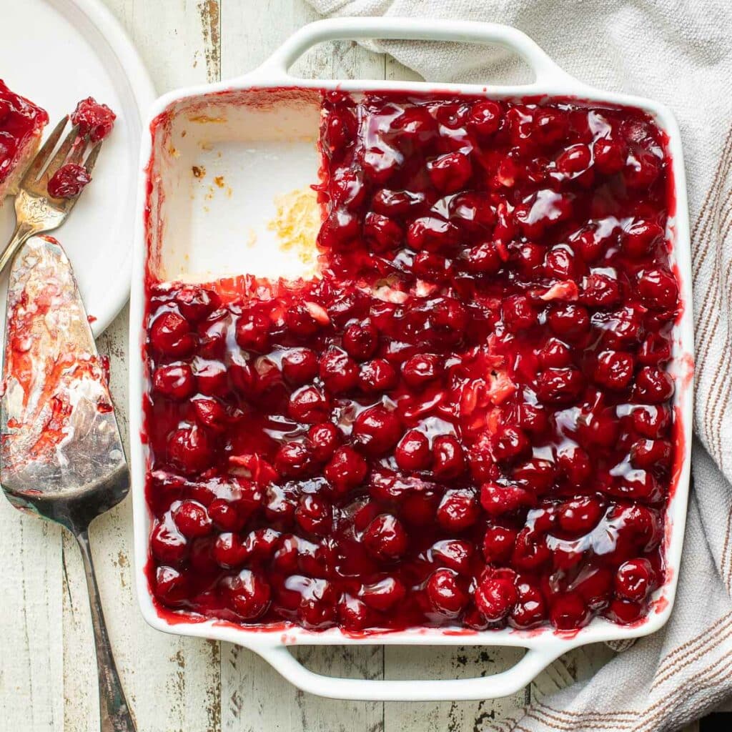 Jewish Noodle Pudding topped with cherries