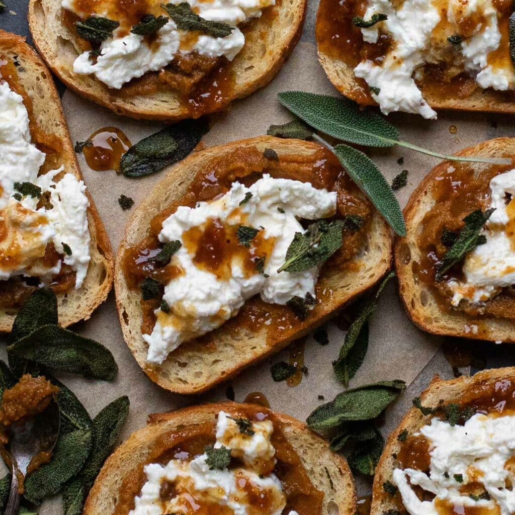 Burrata Toast with pumpkin butter, fig syrup and fried sage leaves