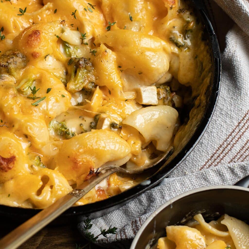 Cheesy baked pasta with chicken and broccoli