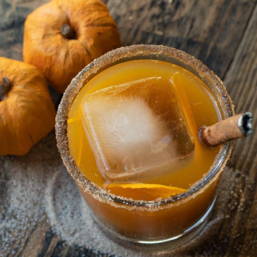 overhead view of pumpkin bourbon cocktail