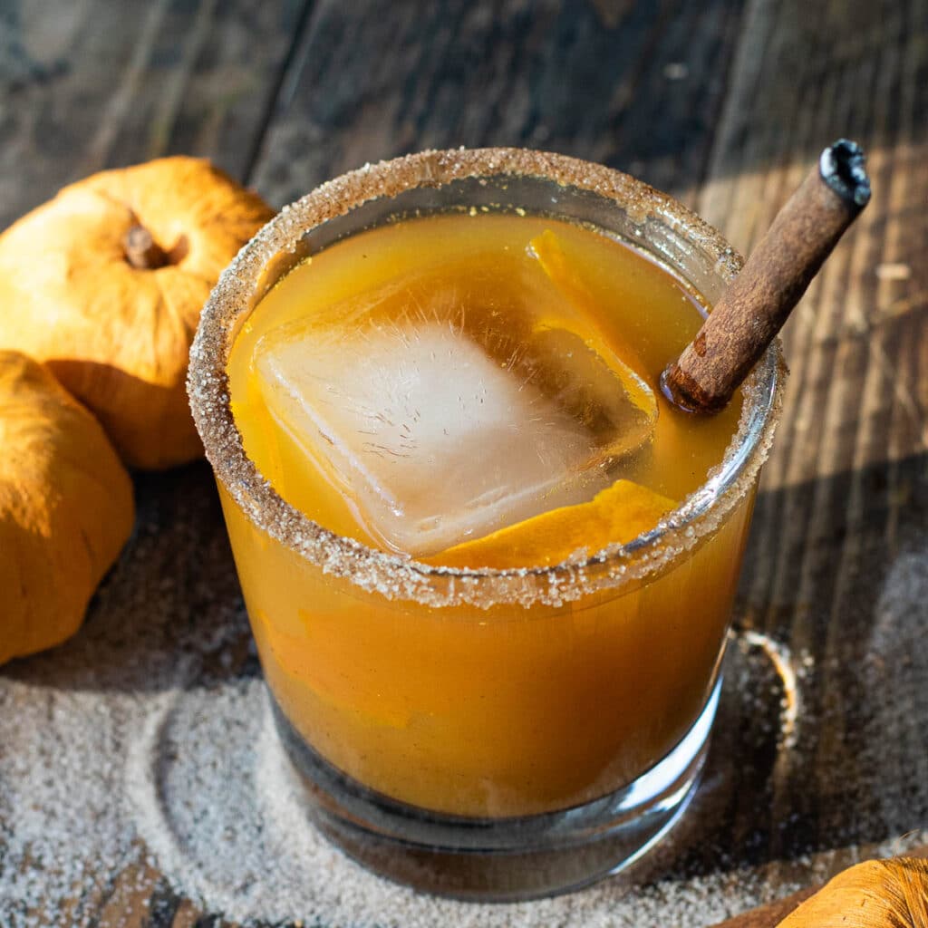 pumpkin butter cocktail in a rocks glass rimmed with sugar and garnished with a cinnamon stick