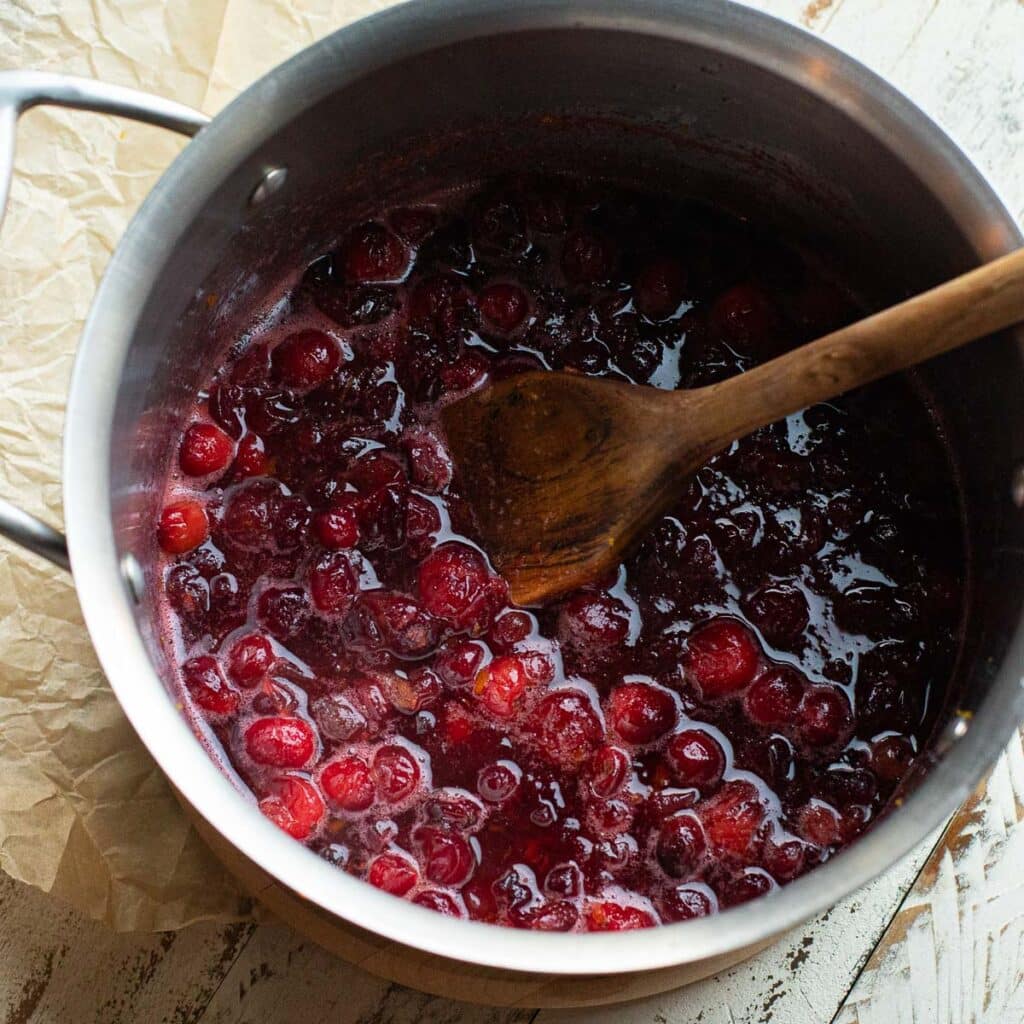 Cranberry sauce as it's cooking in a pot