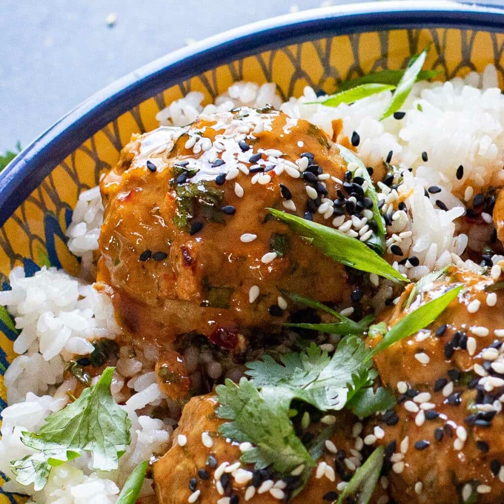 Ginger soy meatball with chopped scallions and white rice