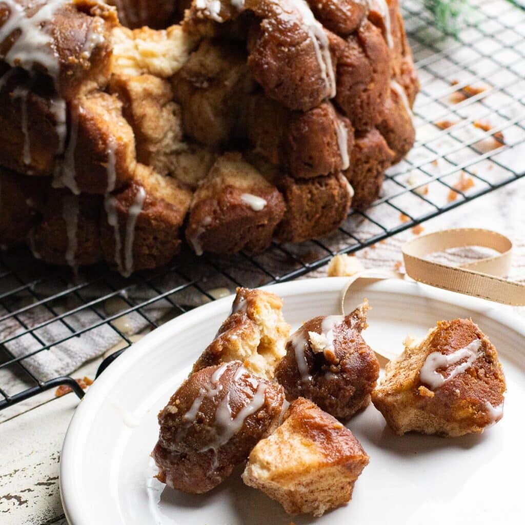 Pieces of monkey bread on a white plate