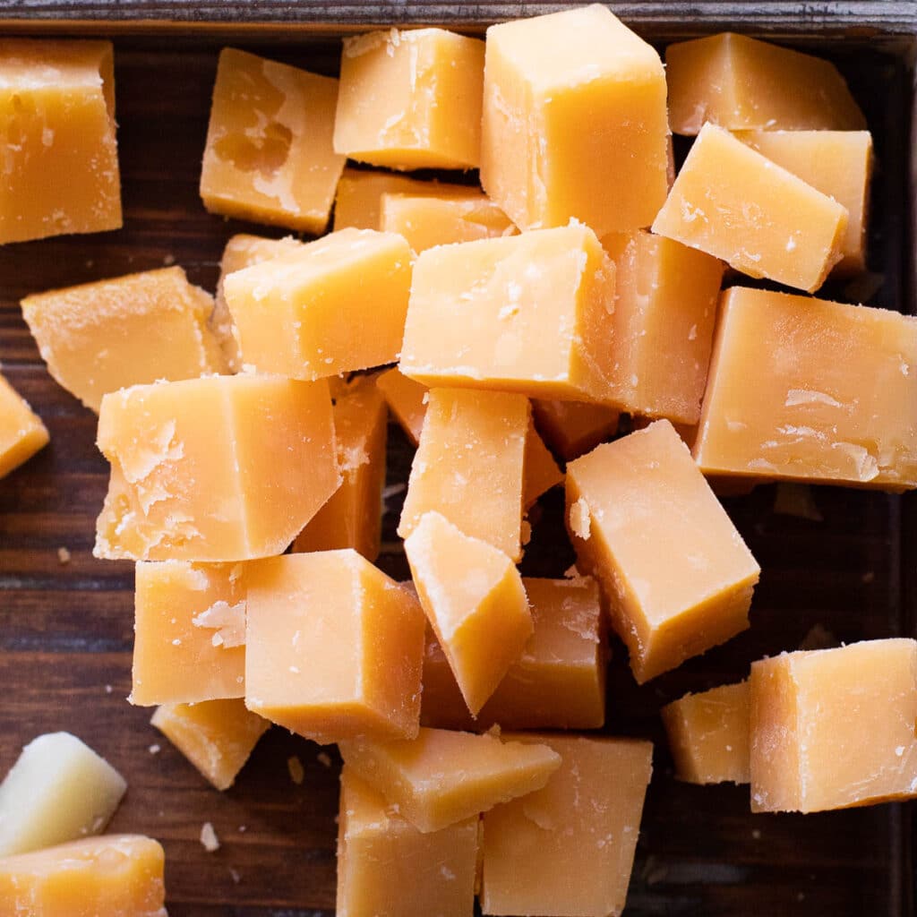 Cubes of aged gouda cheese