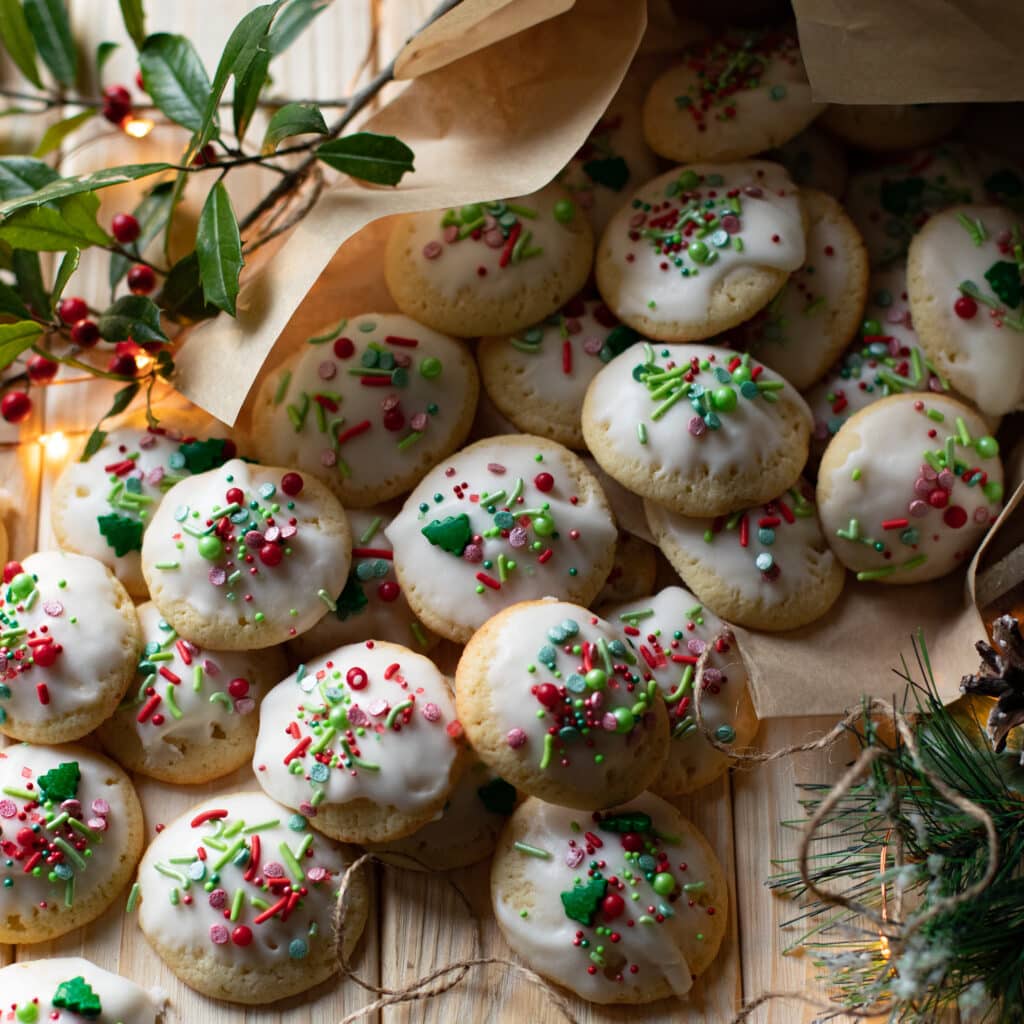 Lemon Ricotta Cookies decorated with Christmas sprinkles