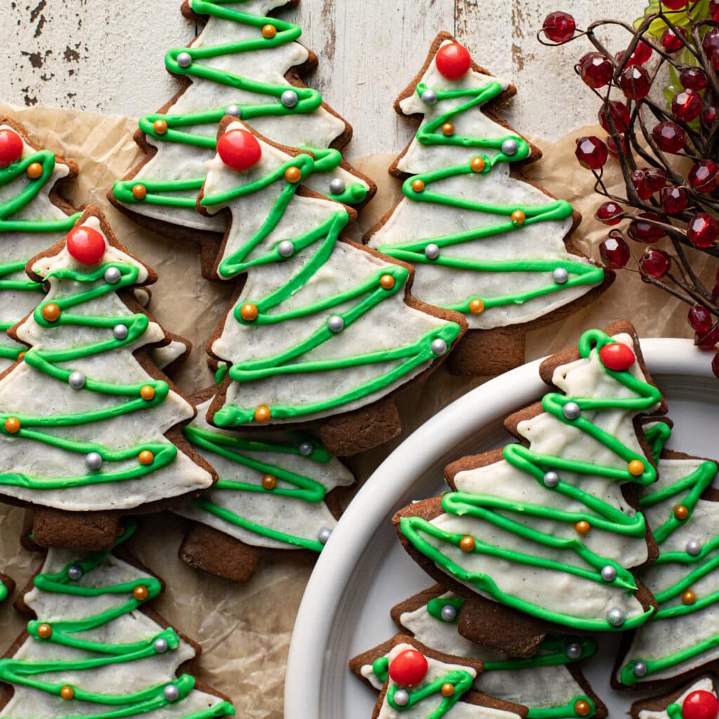 Old Fashioned Gingerbread Cookies in the shape of Christmas trees