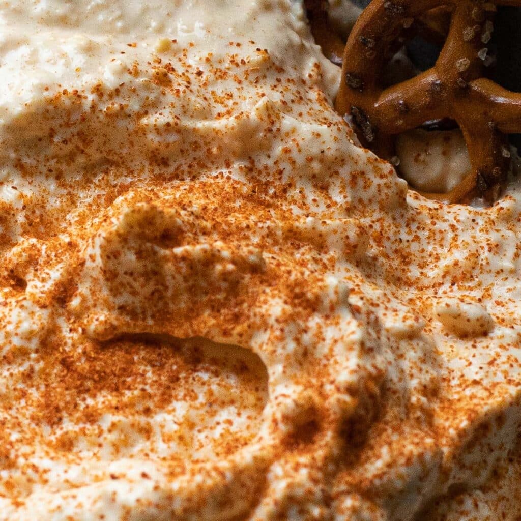 Close up of the texture of beer cheese dip