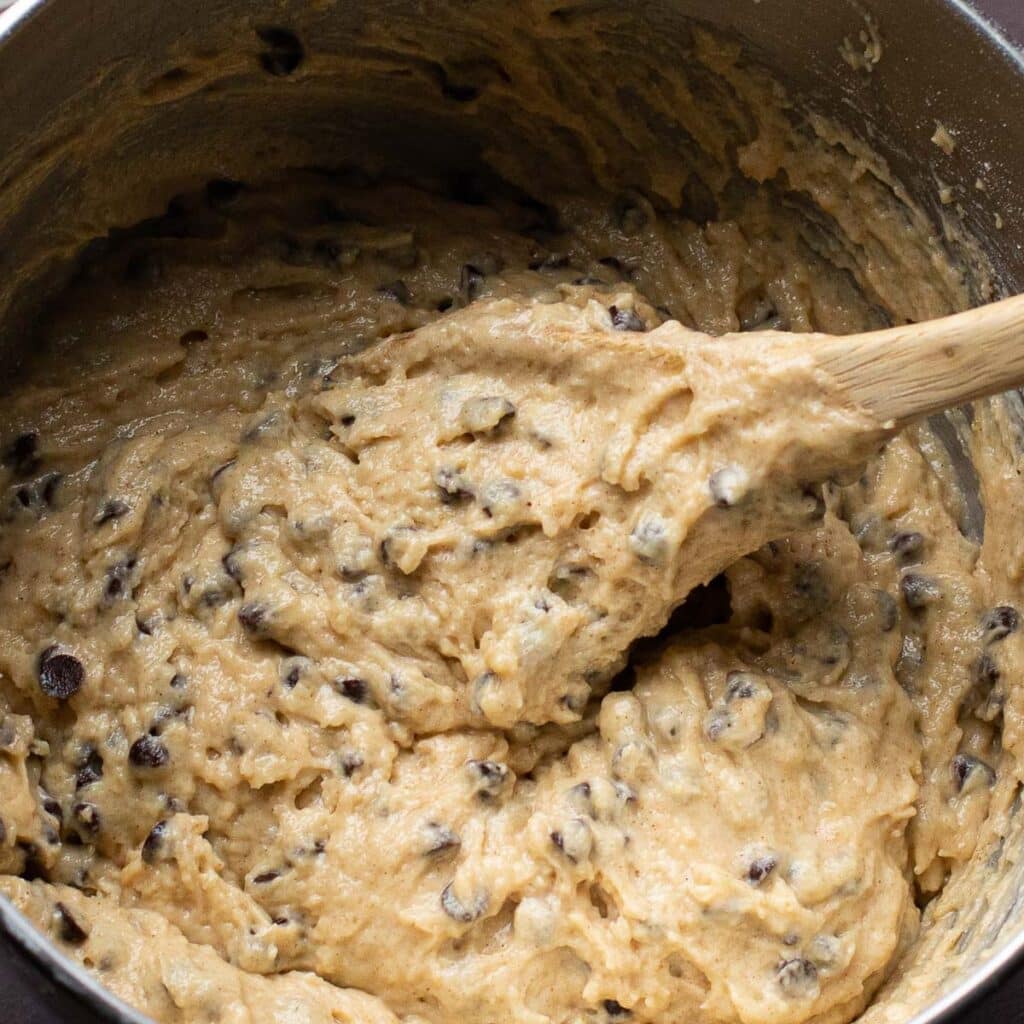 Chocolate chip cake batter in a mixing bowl