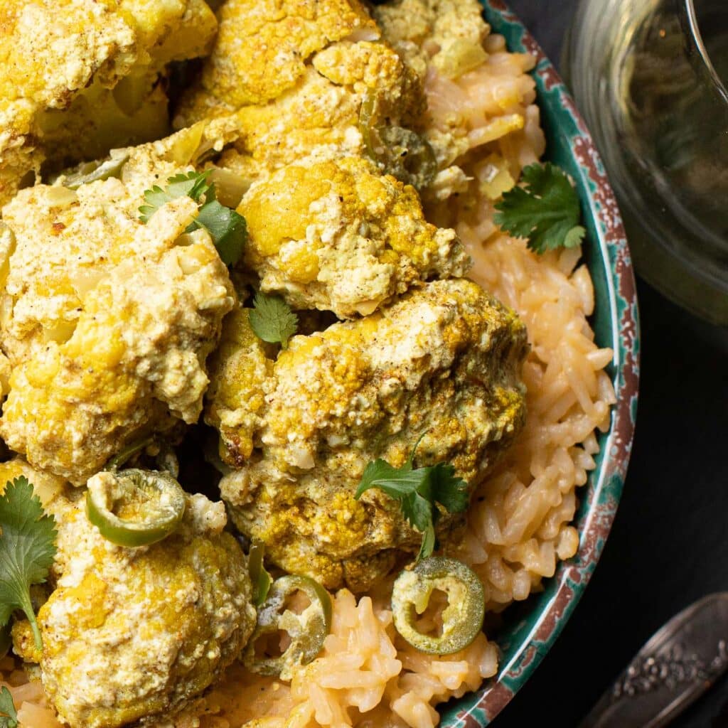 Indian Roasted Cauliflower Curry with fresh cilantro and serrano peppers