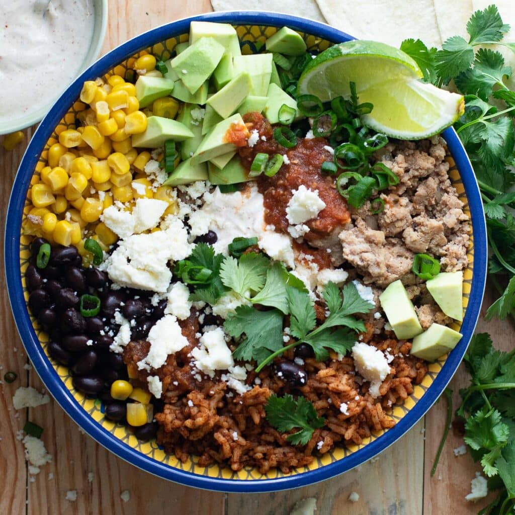 Turkey Burrito Bowl with corn, avocados and black beans