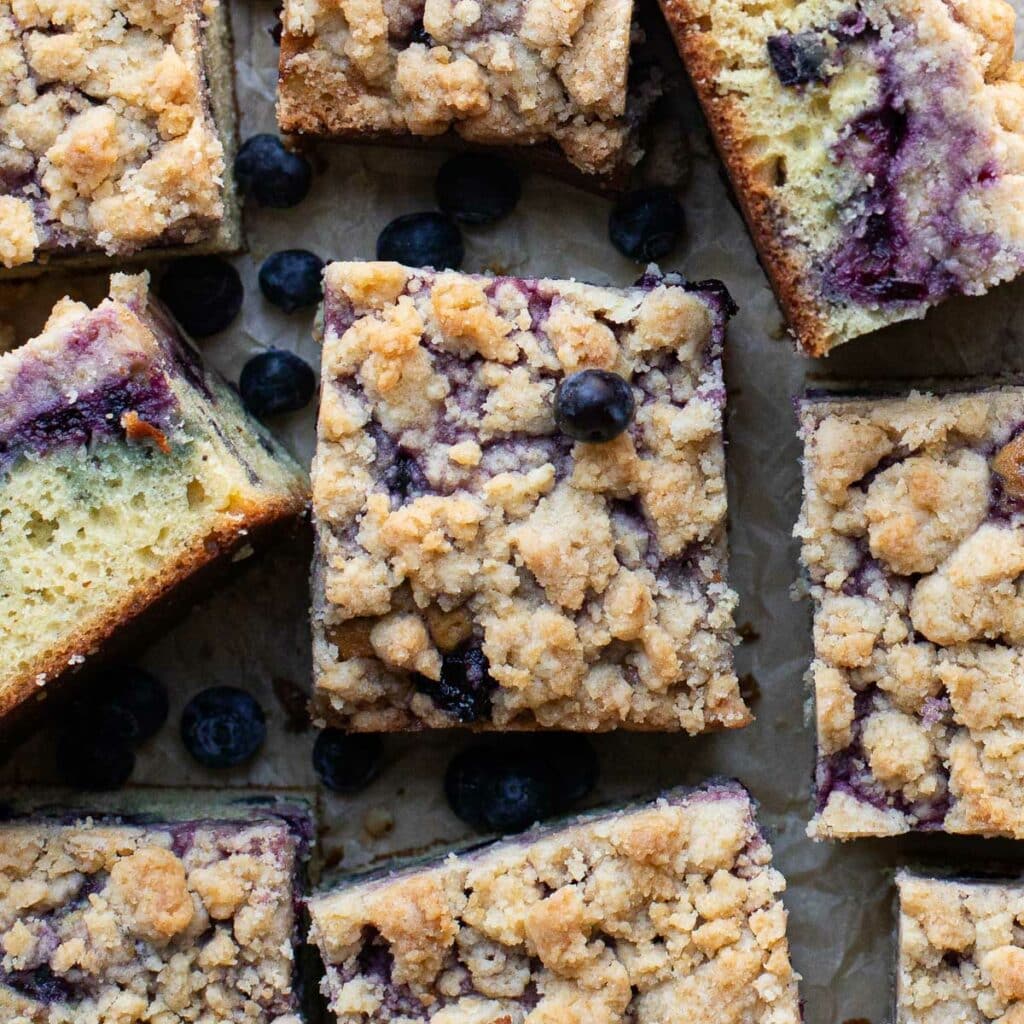 Blueberry Sour Cream Crumb Cake, cut into squares