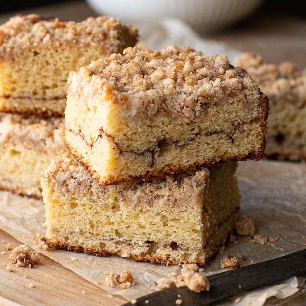 Two pieces of cinnamon swirl coffee cake, stacked up