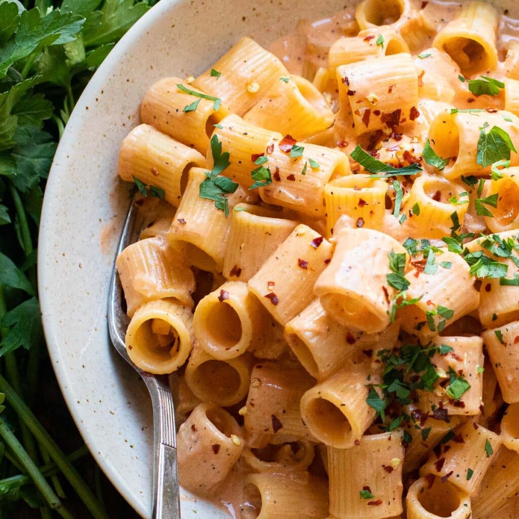 Pasta with Blush Sauce garnished with fresh parsley