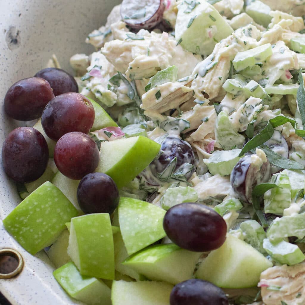 chicken salad with tarragon, celery, red grapes and green apples