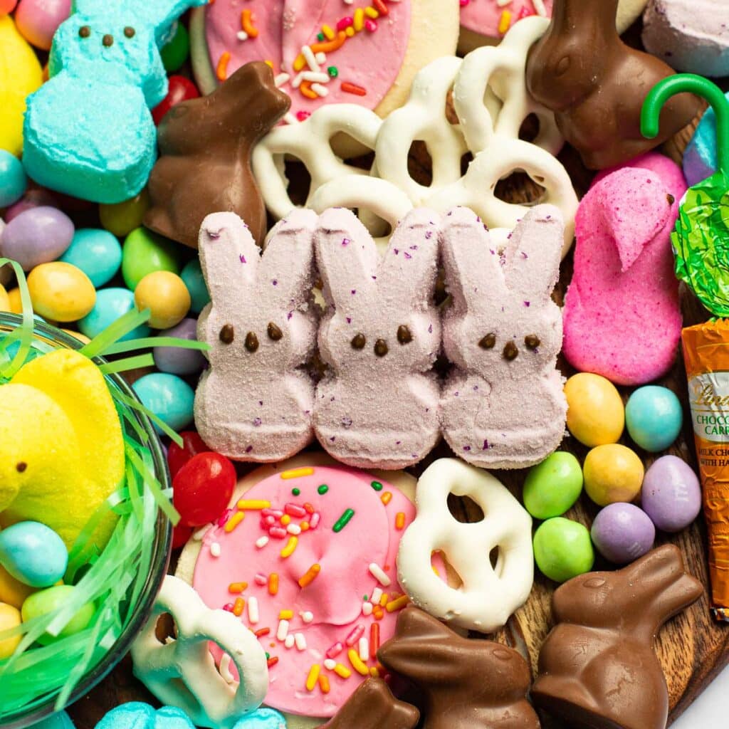 Marshmallow Peeps on an Easter candy charcuterie board