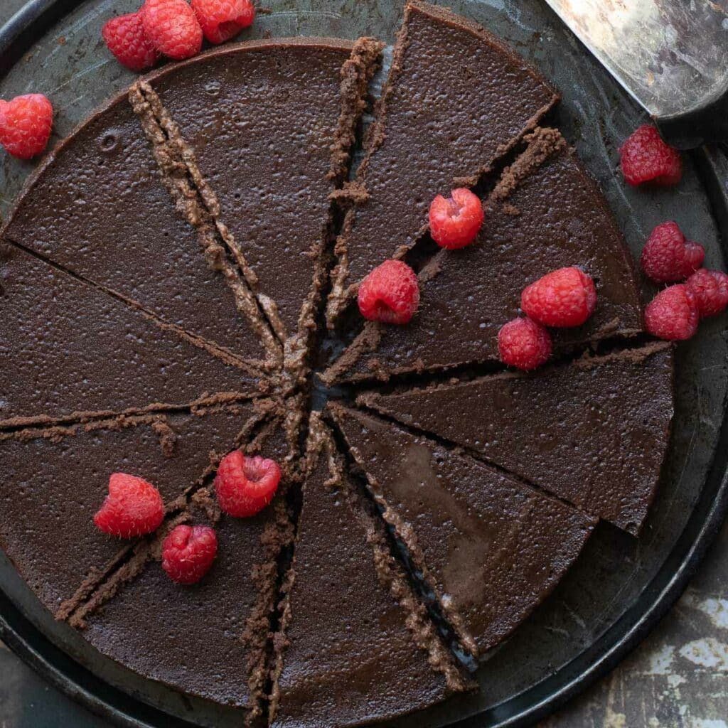 flourless chocolate cake, cut into 10 slices