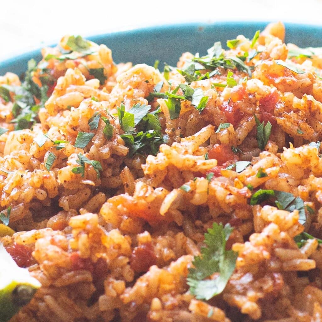 close up view of Mexican rice recipe