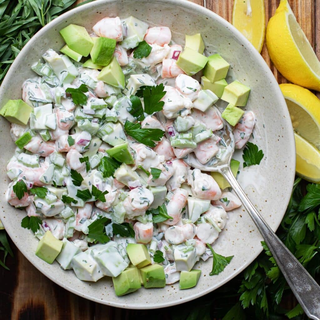 Low Carb Shrimp and Avocado Salad in a large salad bowl