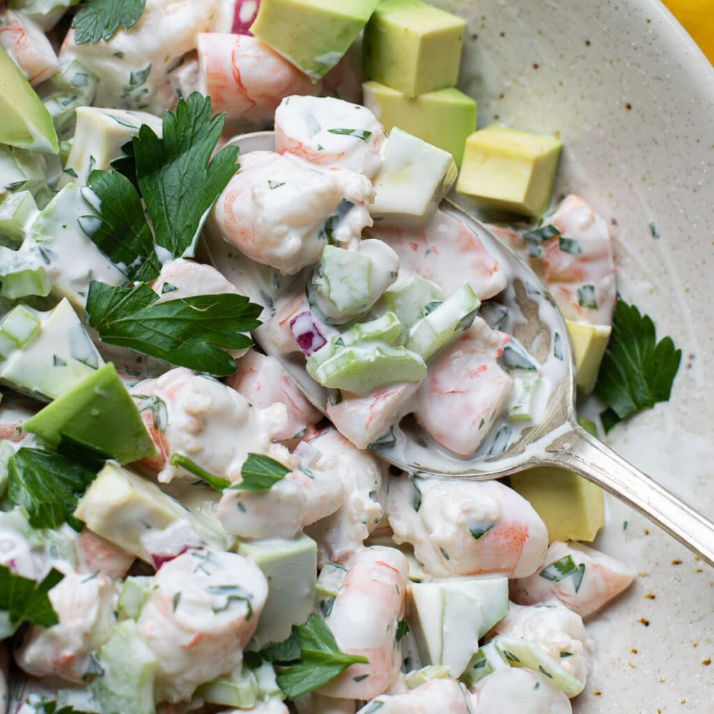 close up view of low carb shrimp salad recipe