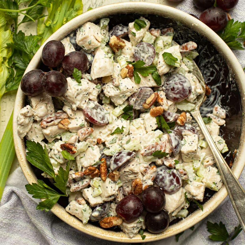chicken salad with red grapes, pecans and celery