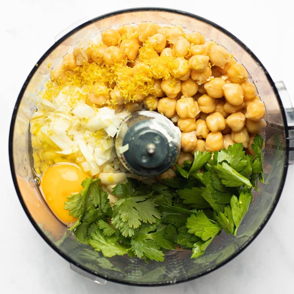 ingredients for homemade falafel in a food processor