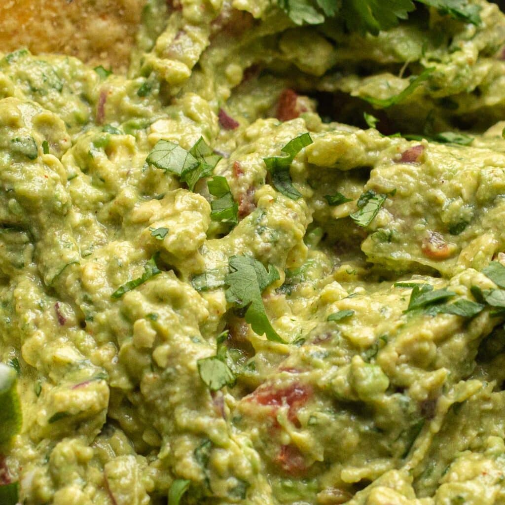 close up of homemade guacamole recipe