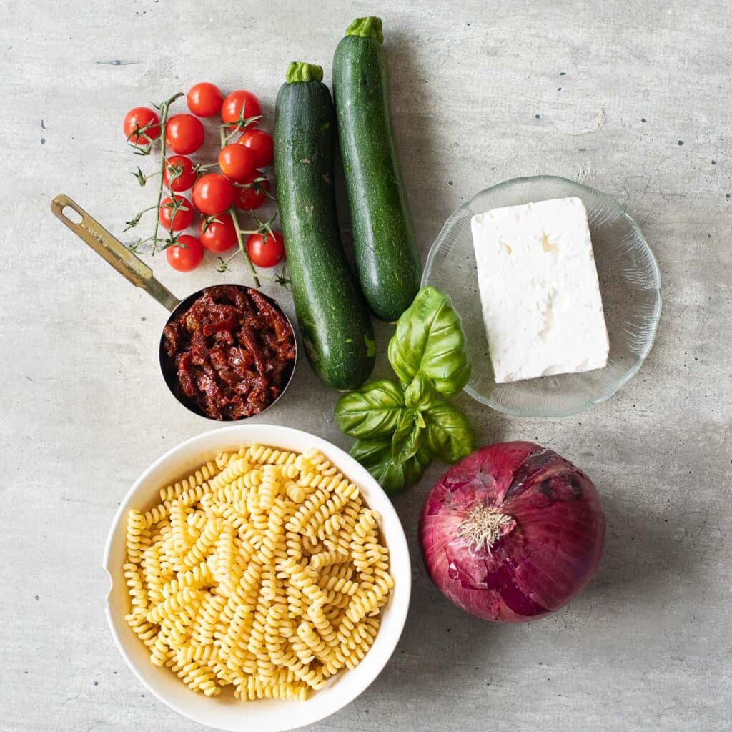 ingredients for Mediterranean pasta salad
