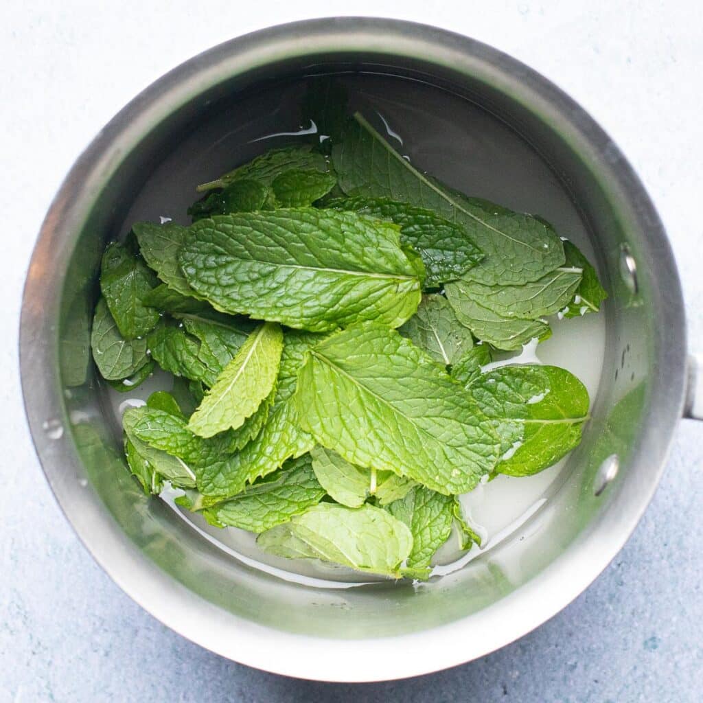fresh mint leaves, water and sugar in a stainless steel pot
