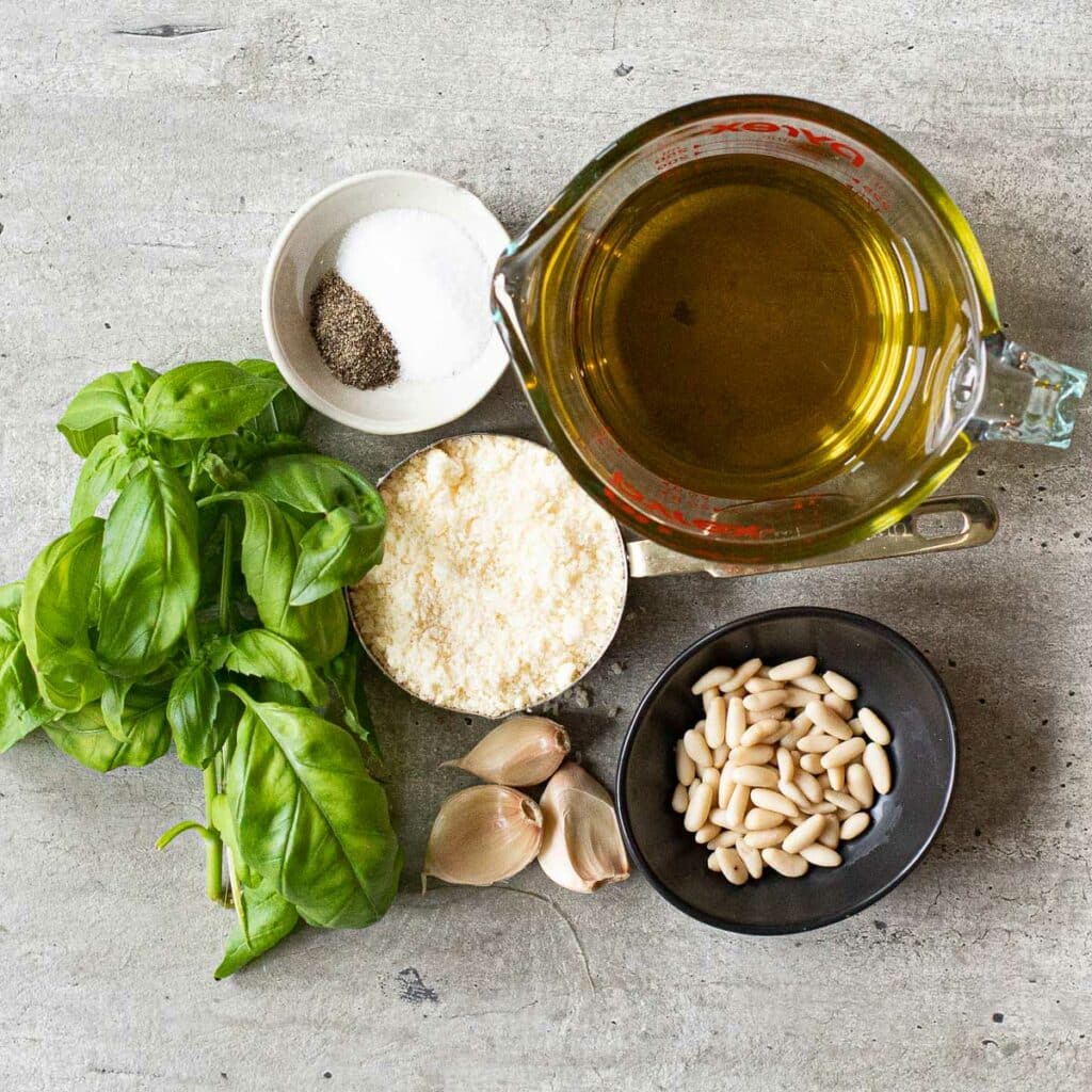 ingredients for homemade basil pesto sauce recipe
