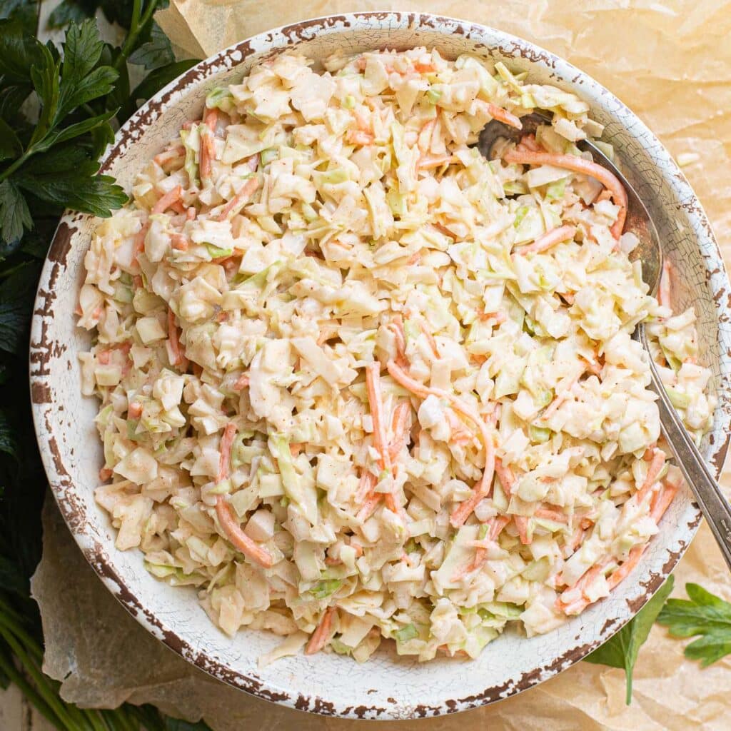 southern coleslaw recipe in a white bowl