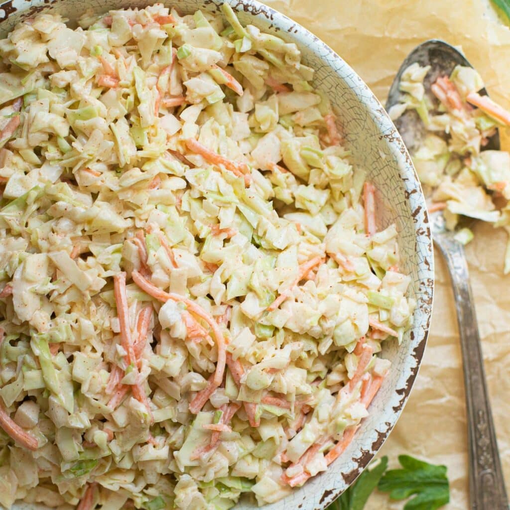 sweet coleslaw in a serving bowl