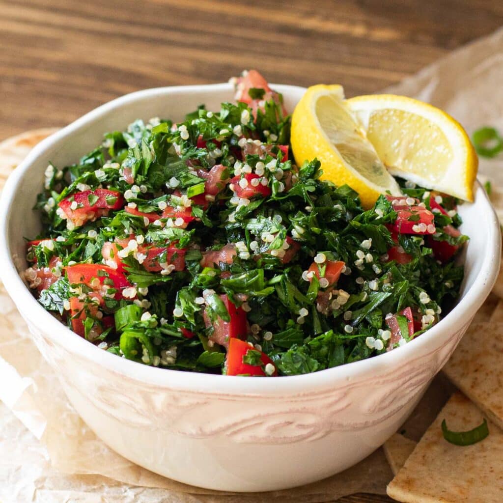 tabouli salad in a white bowl