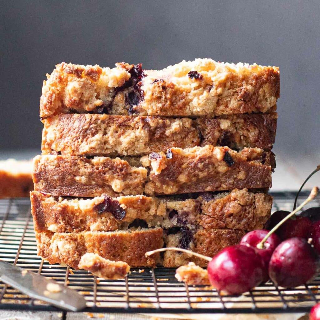 A stack of slices of cherry bread