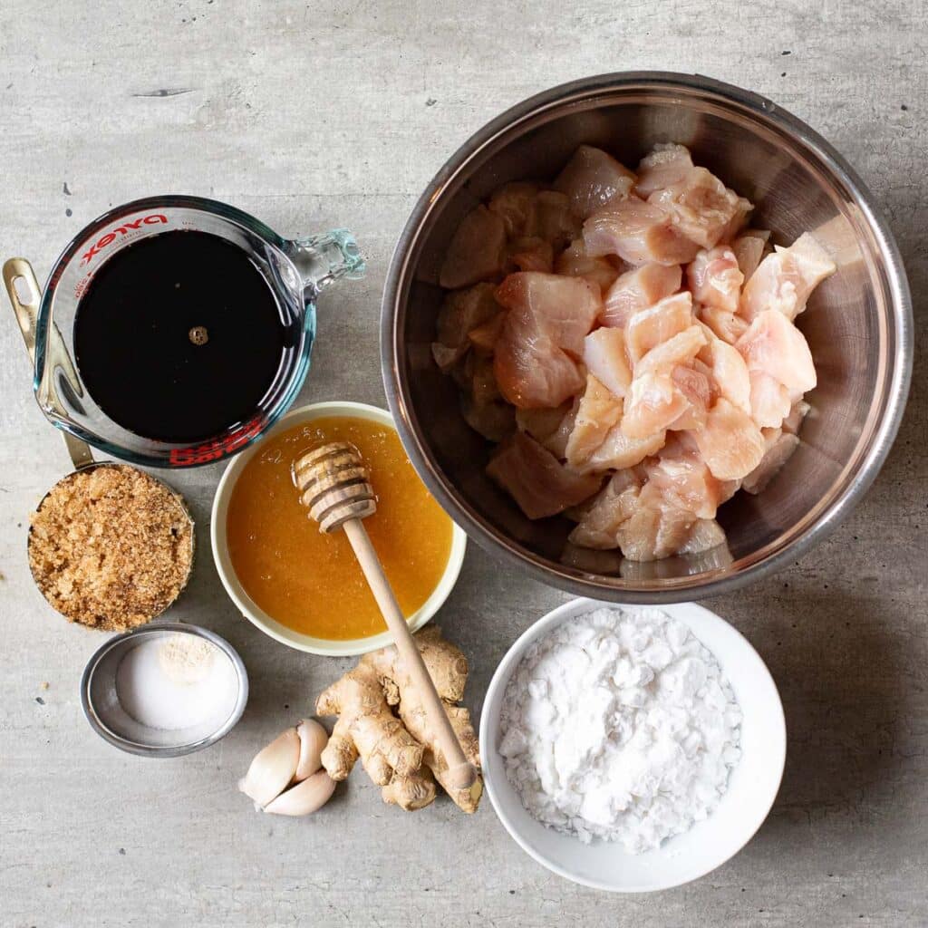 ingredients for Korean fried chicken with soy garlic sauce