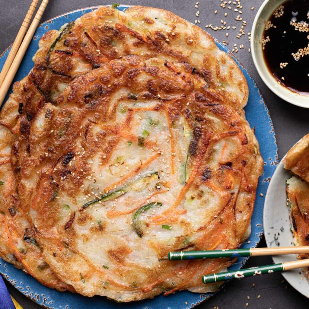 Korean vegetable pancakes on a blue dish