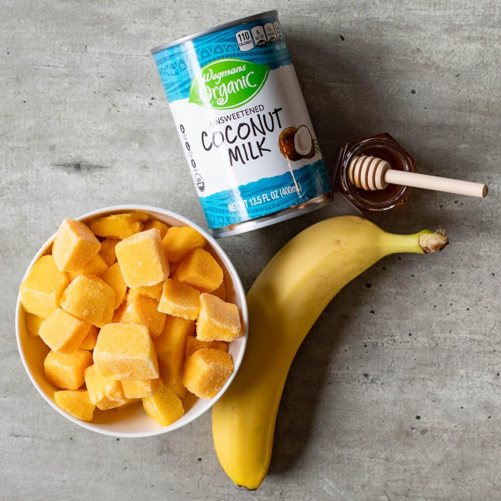 ingredients for a dairy free mango smoothie